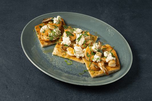 Olive Oil Poached Shrimp & Whipped Feta Flatbread / Chef Andre Uribe