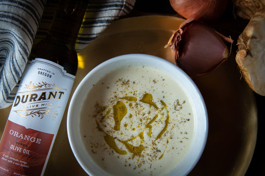 Celeriac Cream Soup with Durant Orange Fused Oil and Fennel Pollen