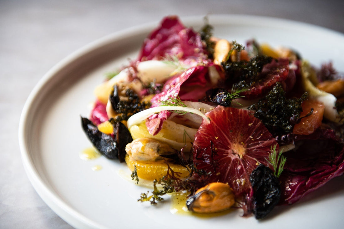 Winter Chicory, Oregon Seaweed™️ Dulse and Mussel Salad with Fennel and Orange Vinaigrette