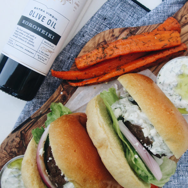 Lamb Tzatziki Burgers with Carrot Dill Fries
