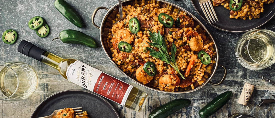 Israeli Couscous with Chorizo and Prawns