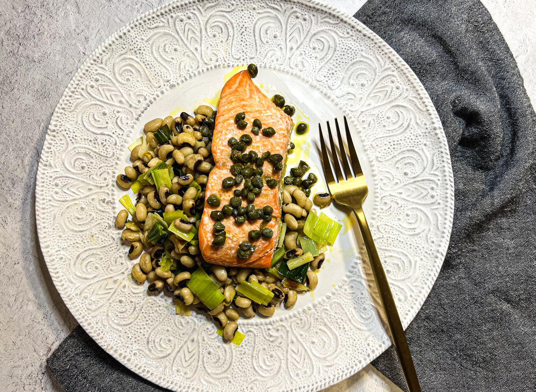 Orange Fused Olive Oil Salmon en Papillote with Lucky Black Eyed Peas