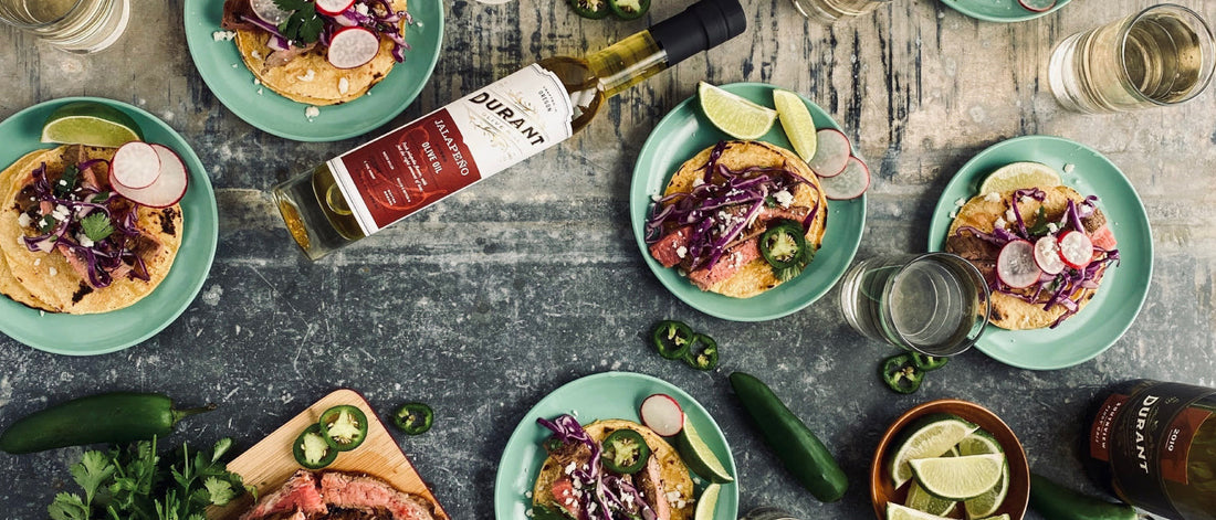 Jalapeño Fused Olive Oil Flank Steak Tacos
