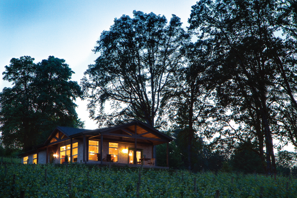 A view from the vineyard of the Stoneycrest Cottage at dusk